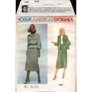 May include: Vogue American Designer sewing pattern for a skirt and jacket set by Bill Blass. The pattern shows two models wearing the outfit in different colors: a light green and a light blue.
