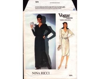 1983 Misses Front Wrap Bodice Dress Tucked Shoulder Overskirt  Designer Nina Ricci UC FF Size 10 - Vogue Paris Original Sewing Pattern 1074