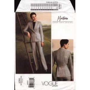 May include: Vogue Patterns 2760 sewing pattern featuring a gray suit with a double-breasted blazer and matching pants. The pattern includes a photo of the suit on a model, with a ladder in the background. The pattern is labeled "Montana" and "Vogue Patterns".