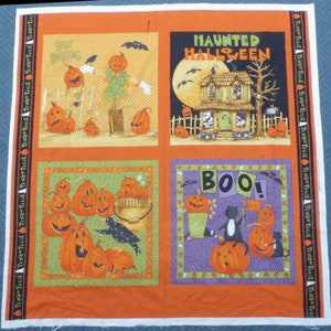 2000s Four Halloween Scenes Scarecrow, Haunted House, Jack O&#39;Lantern  Cat DIY Fabric Panel by Debbie Mumm 44&quot; wide x 45&quot; long - Fabric Panel