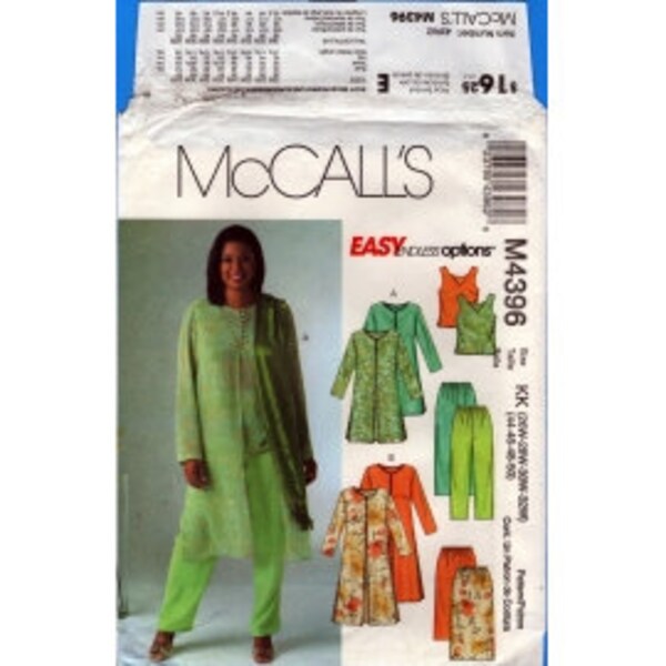 2004 Womens Sleeveless V Neck Top Front Button Unlined Duster Pull On Skirt & Pants UC FF Size 26W,28W,30W,32W - McCalls Sewing Pattern 4396