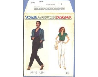 1979 Misses Slim Tapered Pants Loose Shirt Jacket Notch Collar Anne Klein UC FF Size 8 OR 14 - Vogue American Designer Sewing Pattern 2136