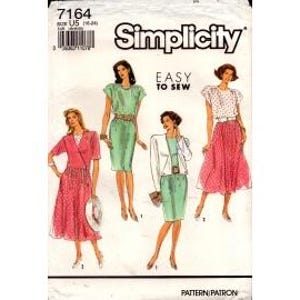 May include: Simplicity sewing pattern 7164, size US 16-24. The pattern features illustrations of four different outfits: a pink wrap dress, a green dress with a belt, a green dress with a white jacket, and a pink skirt with a white top.