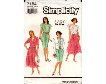 1991 Misses Pullover Dress Elasticized Waist Slim or Four Gore Skirt &  Jacket Uncut Size 16,18,20,22,24 - Simplicity Sewing Pattern 7164