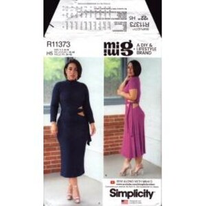 May include: Sewing pattern for a dress with a high neck, long sleeves, and a side cut-out detail. The pattern is available in sizes XS-XL. The pattern is from Simplicity and is labeled R11373.