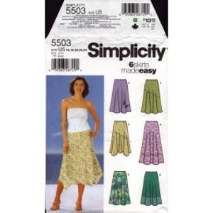 May include: Simplicity sewing pattern 5503 featuring six skirt designs. The pattern includes a photo of a woman wearing a floral print skirt and a white top. The pattern envelope is white with black text and a barcode.
