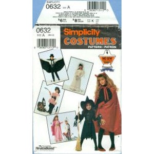 May include: A Simplicity Costumes pattern package, featuring images of various Halloween costumes. The package includes a witch, a vampire, and other characters. The package has the number 0632 and the word "Simplicity" printed on it.