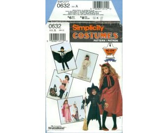 1992 Child Costumes Vampire Bride Pirate Princess Knight Devil Witch UC FF Size S(2-4),M(6-8),L(10-12)- Simplicity No Sew Sewing Pattern 632