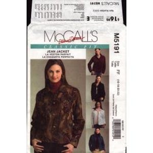2006 Misses Jean Jacket Front Back Yoke Patch Pockets Cuffs by Designer Palmer/Pletsch Uncut Size 16,18,20,22 - McCalls Sewing Pattern 5191