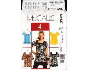 2008 Misses Loose Fitting Pullover Tunic Top 2 Lngths Square Neck Gathered Front Ruffle Uncut Size 14,16,18,20 - McCalls Sewing Pattern 5627