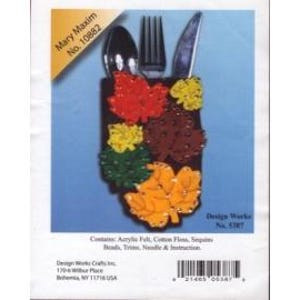 May include: A craft pattern for a cutlery holder featuring a design of autumn leaves with sequins and beads. The pattern is titled "Mary Maxim No. 10882" and includes instructions for making the holder.