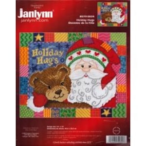 May include: A Janlynn needlecraft kit featuring a colorful design of Santa Claus hugging a teddy bear. The kit includes the text "Holiday Hugs" and the Janlynn logo. The dimensions are 14 x 10 inches.