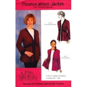 May include: A sewing pattern for a "Flounce about Jacket" in shades of red and black. The pattern includes illustrations of the jacket, with text indicating sizes XS-3XL and four hidden pockets. The text "Flounce about Jacket" is at the top.