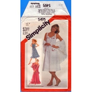 May include: Simplicity sewing pattern number 5495 for a dress with a lace trim. The pattern includes three different styles: a short-sleeved dress with a ruffled skirt, a sleeveless dress with a lace trim, and a long-sleeved dress with a lace trim.