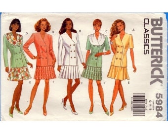 1992 Misses Two Piece Dress Front Button Top S or L Sleeve and Pleated or Flared Skirt UC FF Size 12,14,16 - Butterick Sewing Pattern 5984