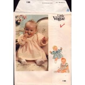 May include: Vintage Little Vogue sewing pattern for newborns. The pattern envelope features a photo of a baby wearing a pink dress with lace trim and a matching jacket. Additional illustrations show other dress designs. Pattern number 1180.