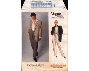 1989 Misses Below Hip Notch Collar Long Sleeve Jacket Front Pleat Pants Donna Karan New York Uncut Size 12,14,16 - Vogue Sewing Pattern 2391