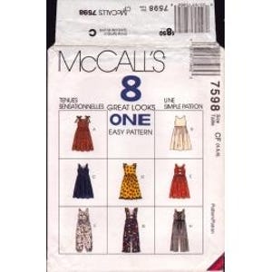 May include: A McCall's sewing pattern package featuring eight dress and jumpsuit designs. The package includes the number 8 in large blue font, the text "ONE EASY PATTERN", and the McCall's logo. The designs include various styles, colors, and patterns.