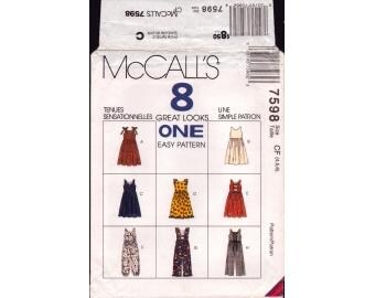 1995 Childs Sleeveless or Ruffle Sleeve Jumper Dress  Jumpsuit Raise Waist Side Seam Pockets Uncut Size 4,5,6 - McCalls Sewing Pattern 7598