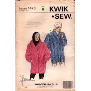 May include: A sewing pattern for a women's coat with a shawl collar. The pattern is for sizes S, M, and L. The pattern is from Kwik-Sew Pattern Co. and is number 1476.