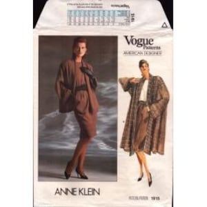 May include: A Vogue Patterns sewing pattern envelope labeled 1915 by Anne Klein. The front displays two images of garments: a solid brown jacket and skirt set, and a plaid coat worn over a white top and brown skirt. Includes sizing charts.