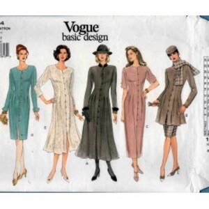 May include: Five different dress patterns from Vogue Basic Design pattern number 1264. The patterns are for a long-sleeved dress with a button-up front and a gathered skirt.