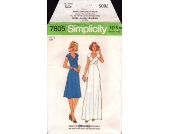 1976 Misses Front Cross Wrap  Cap Sleeve Stretch Knit Dress Knee or Floor Length Uncut Size 8 OR 10 - Simplicity Sewing Pattern 7805