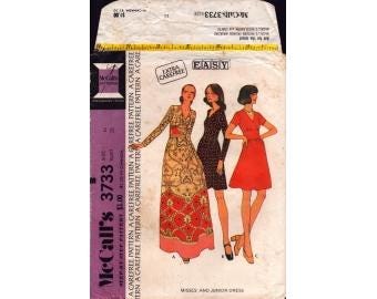 1973 Misses Short or Long Sleeve Faux Wrap Bodice Dress with Midriff Floor or Above Knee Length Uncut Size 16 - McCalls Sewing Pattern 3733