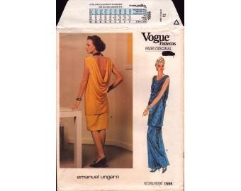 1985 Misses Loose Pullover Tunic Drape Straight Skirt Elasticized Straps  Designer emanuel ungaro Uncut Size 12 - Vogue Sewing Pattern 1555