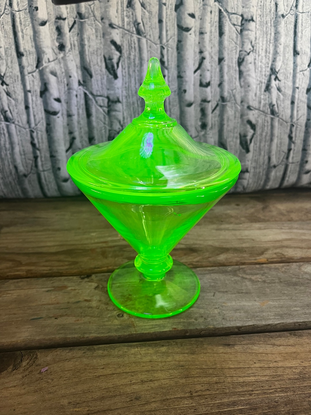 Uranium Glass Covered Candy Dish Apothecary Jar Lidded Tiffin Etsy