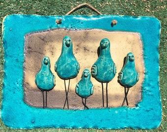 Birds family plaque , wall hande made decoration, ceramic birds pictures, turquoise decoration, home decor