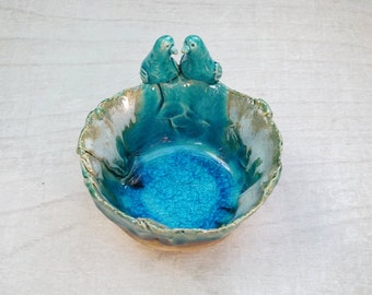 Turquoise Ceramic Bowl - A Housewarming, Engagement, or Wedding Gift Idea, Serving Dish with Love Birds - A Delightful Kitchen Accessory