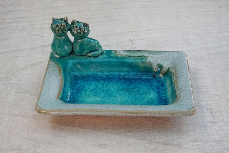 Ring dish with two cats kittens Wedding ring holder jewelry dish engagement gift soap dish turquoise Decorative valentine/'s day