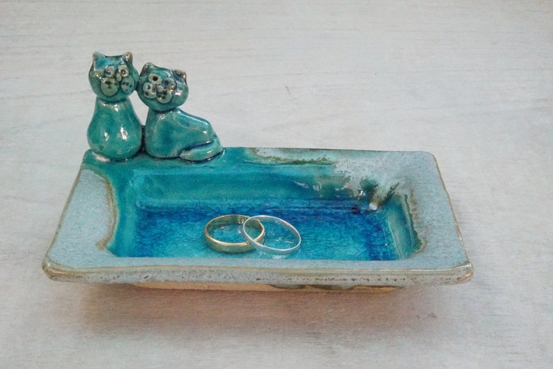 Ring dish with two cats kittens Wedding ring holder jewelry dish engagement gift soap dish turquoise Decorative valentine/'s day