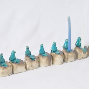 Handmade Ceramics Menorah with tiny love birds - Hanukkah Menorah -Hanukkia Chanukkah, Jewish Holiday Family Tiny Birds Turquoise Judaica