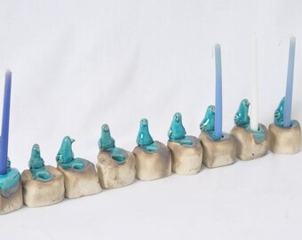 Handmade Ceramics Menorah with tiny love birds - Hanukkah Menorah -Hanukkia Chanukkah, Jewish Holiday Family Tiny Birds Turquoise Judaica