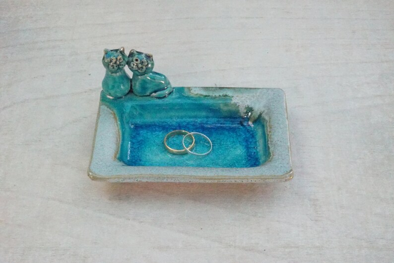 Ring dish with two cats kittens Wedding ring holder jewelry dish engagement gift soap dish turquoise Decorative valentine/'s day