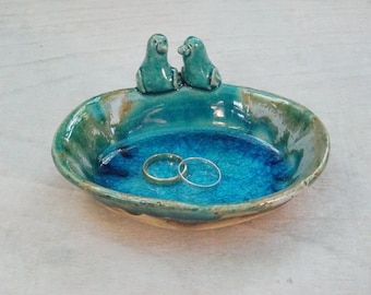 Ring holder, love birds ceramic ring dish engagement turquoise wedding gift wedding shower gift bridal shower bridesmaid gift anniversary