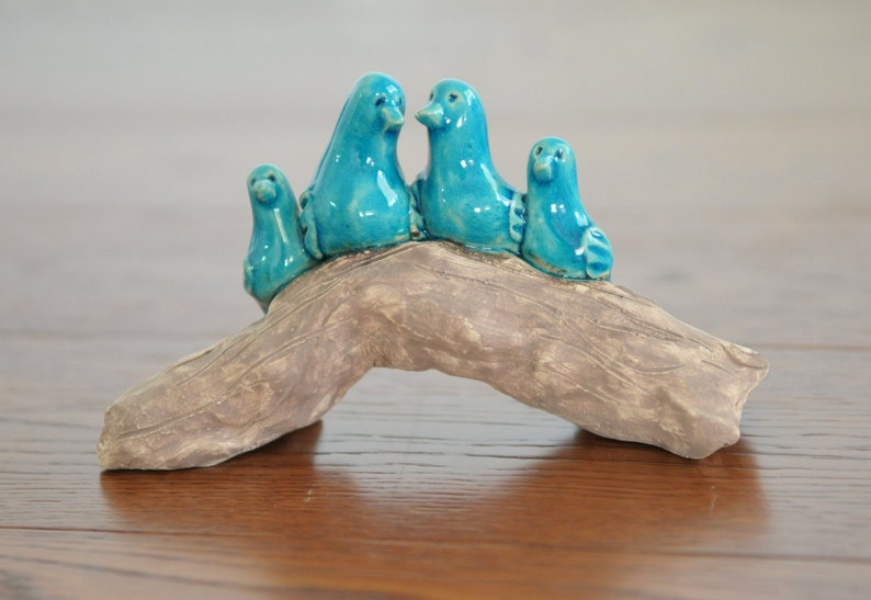Turquoise Love Birds on a Brown Branch, Art Ceramic Sculpture Ceramic figures Ceramic animal Ceramic art Animal sculpture home decor gift image 1