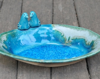 Oval Ceramic Bowl, Turquoise Hostess Bowl Love Bird ceramics and pottery Wedding gift Valentine's Day Gift engagement gift