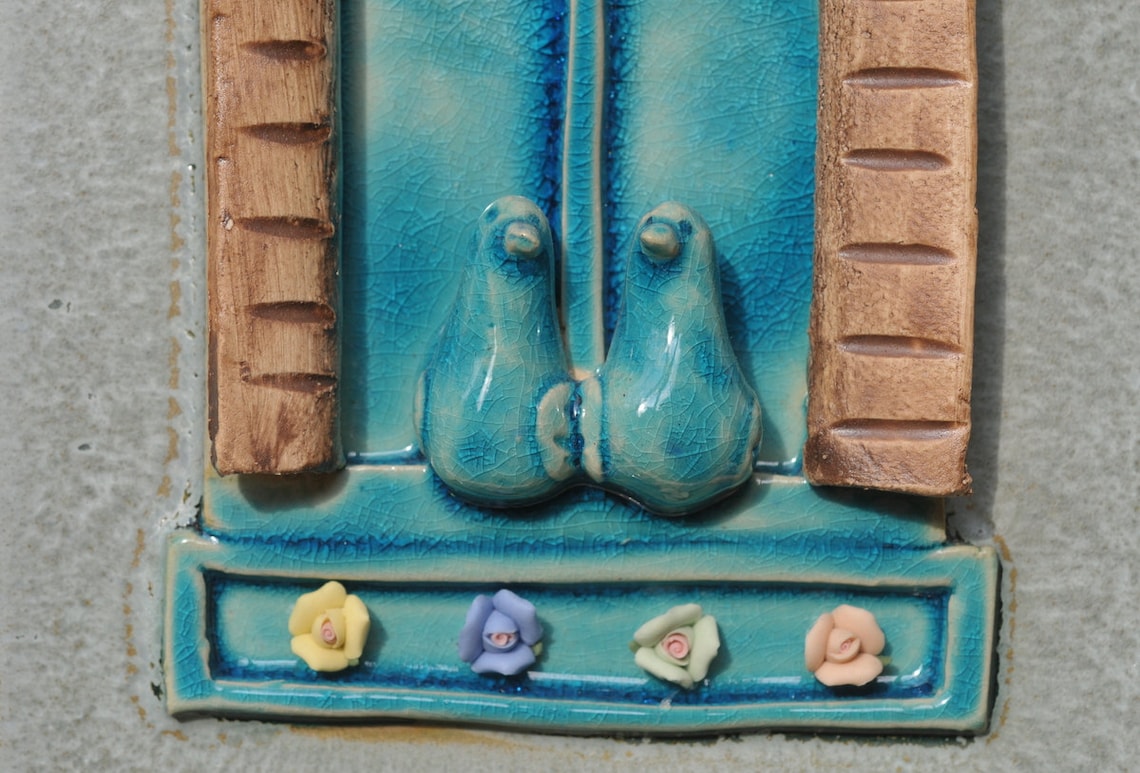 Decorative Tile Wall Hanging Window With Two Love Birds Etsy