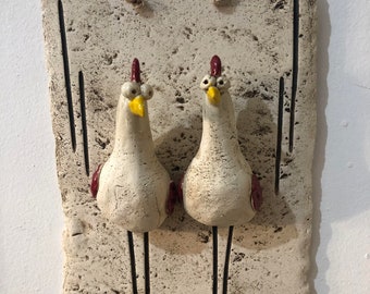 Decorative tile with chickens, gift, decorative plaque, hand made in Israel, wall hanging, , chickens collectors, house warmiming,