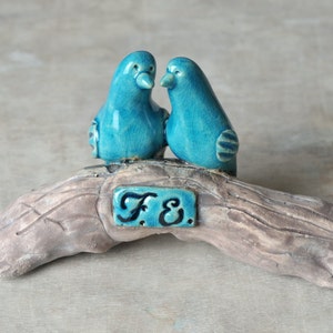 Personalized Pair of love birds engraving ceramic sculpture Engagement Gift ideas Home and living housewarming gift blue brown romantic Art image 2