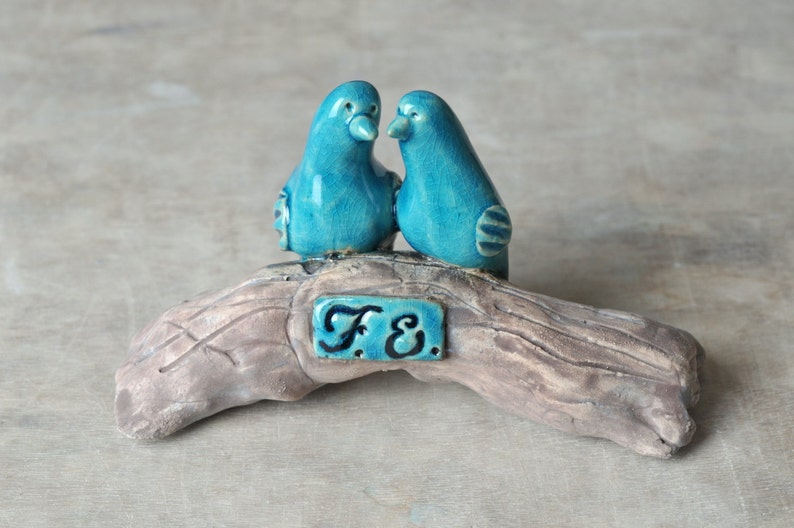 Personalized Pair of love birds engraving ceramic sculpture Engagement Gift ideas Home and living housewarming gift blue brown romantic Art image 2