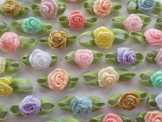 15mm 100 Pink Ribbon Rose Applique Embellishments Lovely Satin Ribbon Roses