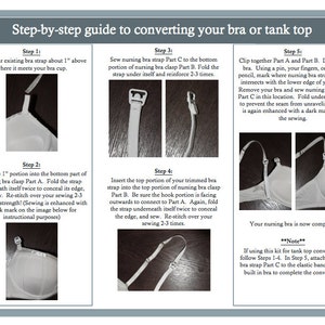 May include: A step-by-step guide on how to convert a bra or tank top into a nursing bra. The guide includes five steps with illustrations and instructions. The guide includes a note about converting a tank top.