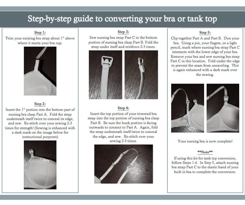 May include: A step-by-step guide on how to convert a bra or tank top into a nursing bra. The guide includes five steps with illustrations and instructions. The guide includes a note about converting a tank top.