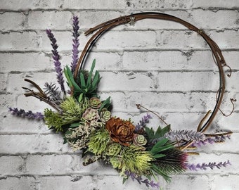 Natural Modern Hoop Lavender and Thistle Wreath, Mossy and Woodland, English Garden Twiggy Wreath, Made in Oregon, Natural Wreath Decor