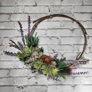 Natural Modern Hoop Lavender and Thistle Wreath, Mossy and Woodland, English Garden Twiggy Wreath, Made in Oregon, Natural Wreath Decor