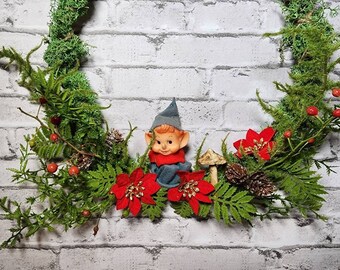 Christmas Elf Wreath, Moss Hoop Wreath, Holiday Wall Decor, Festive Door Wreath, Small Minimal Woodland Wreath with Moss, Ferns, Mushrooms
